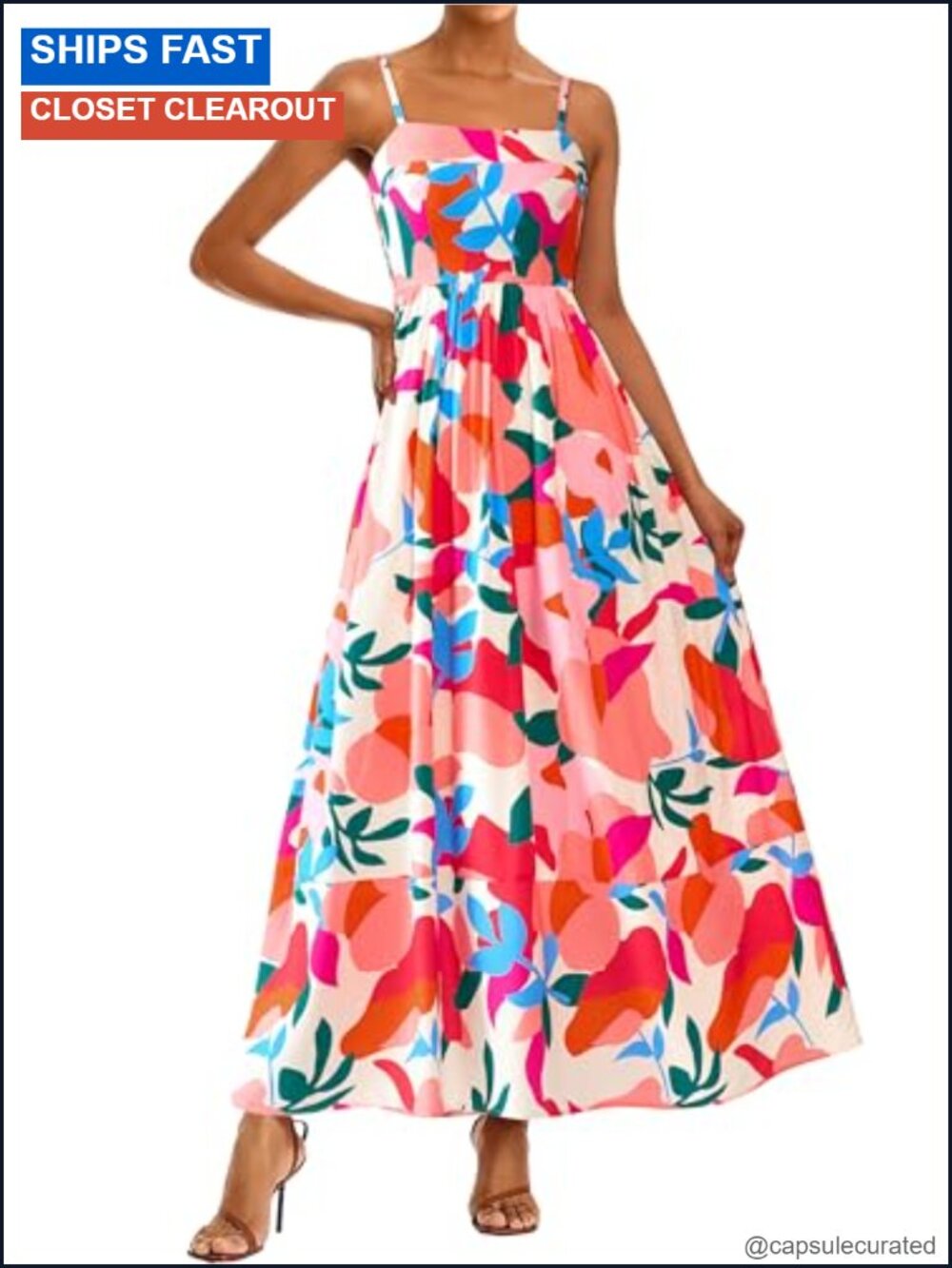 Boho Floral Striped Summer Maxi Dress Spaghetti Strap Viscose